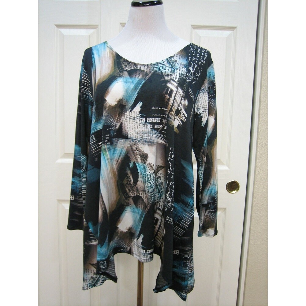 NOBLU V-NECK TURQUOISE AND BROWN PRINT JERSEY TOP/TUNIC SIZE M NEW WITH TAGS